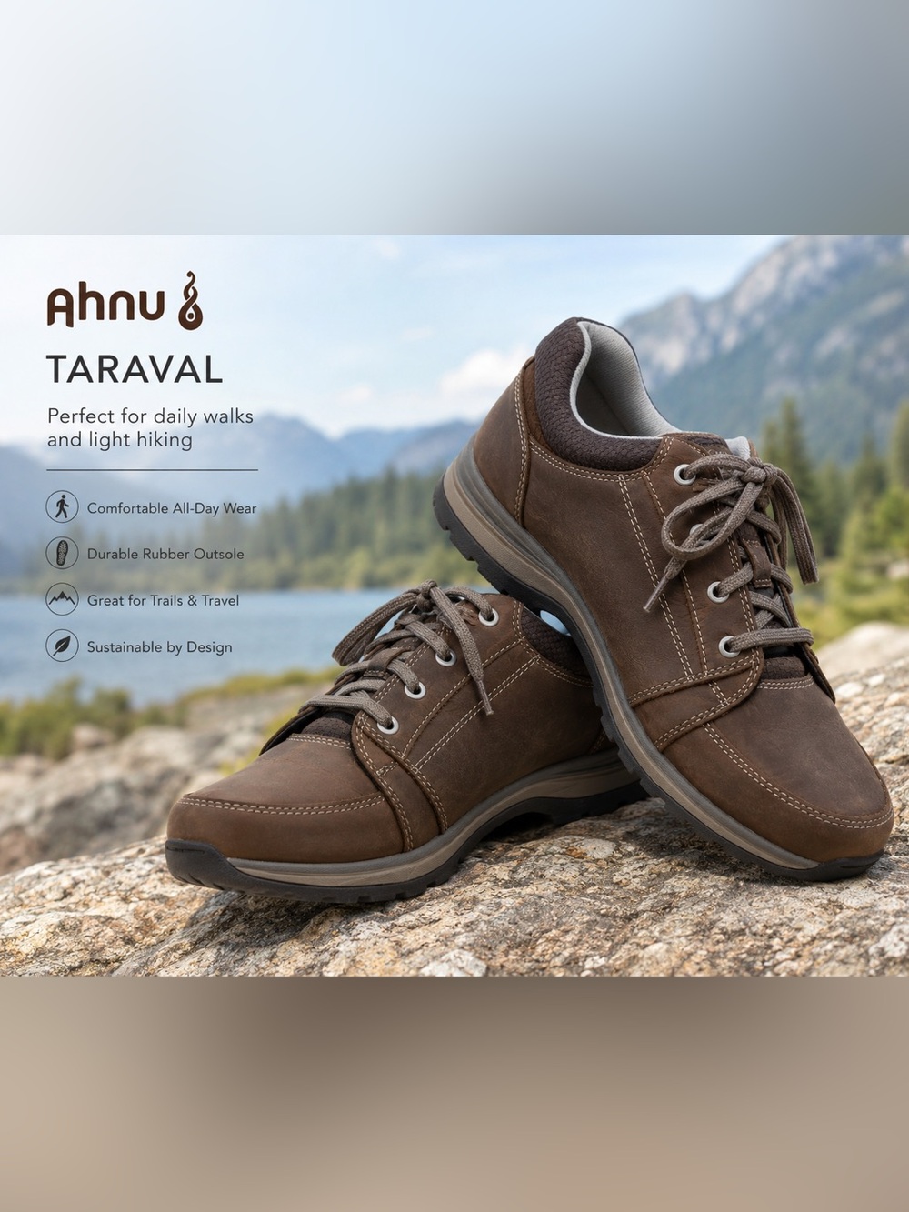 Ahnu Taraval Brown Leather Walking Shoe Travel Hiking Activewear Neutral Support